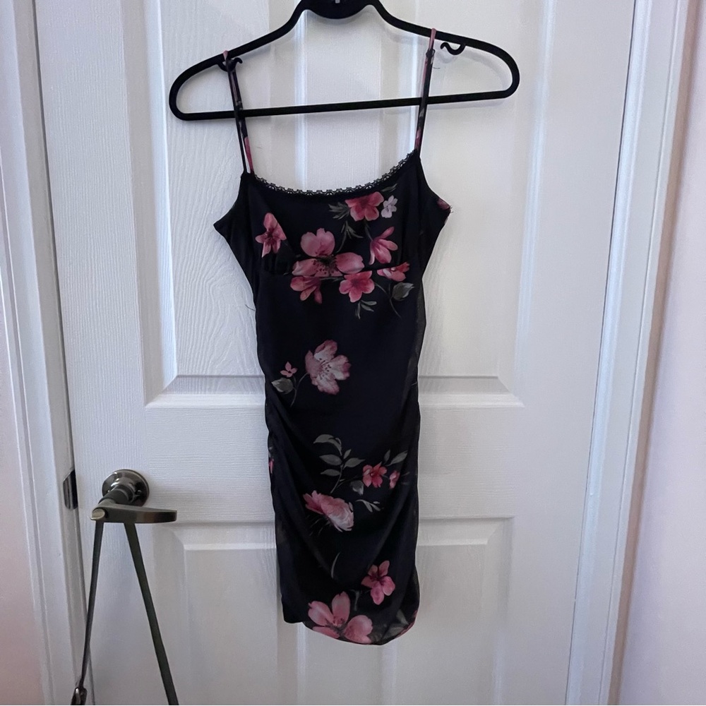 Streetwear Society Black Dress with Pink Floral Pattern